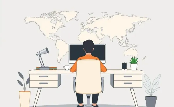 Cartoon of a person at a desk with a map and computer