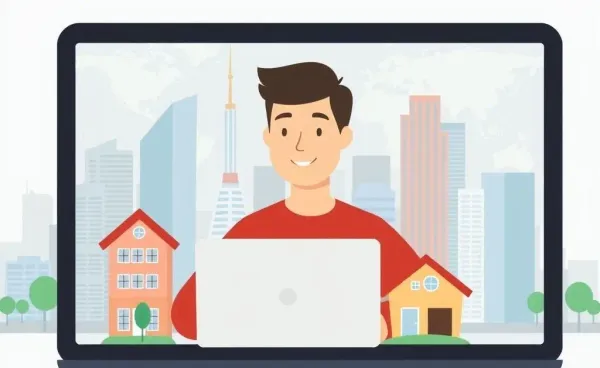 A person managing rental properties remotely with a laptop