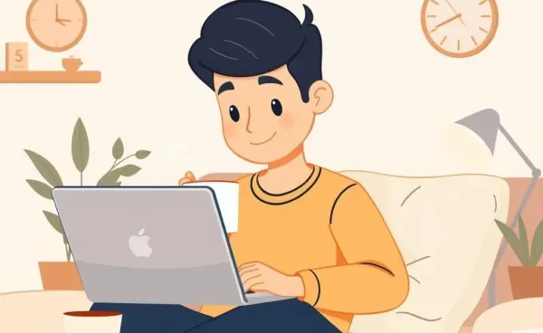 A person working remotely at home with a laptop and coffee mug.