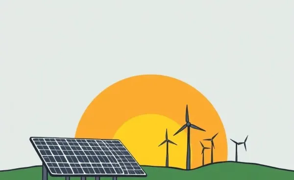 Solar panels and wind turbines at sunrise, symbolizing renewable energy.