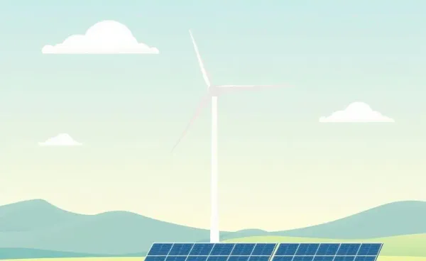 A scenic landscape with renewable energy sources like wind turbines and solar panels