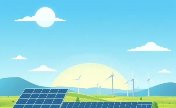 A futuristic landscape featuring solar panels and wind turbines