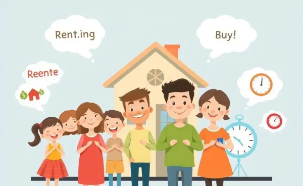A family comparing renting versus buying a home with visual pros and cons.
