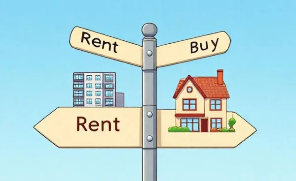 Crossroads with signs for renting and buying options in real estate