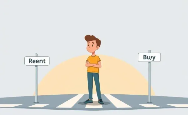 Person at a crossroads deciding between renting and buying a home