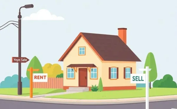 A house at a crossroads with Rent and Sell signposts.
