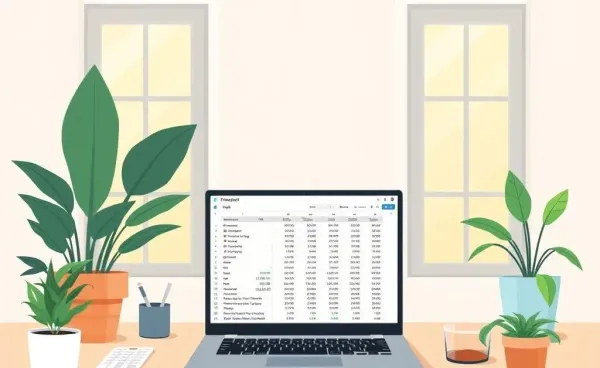 Home office desk with rental income budgeting spreadsheet on laptop
