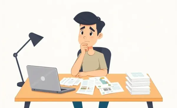 A person pondering investment strategies at a desk with rental documents and a laptop
