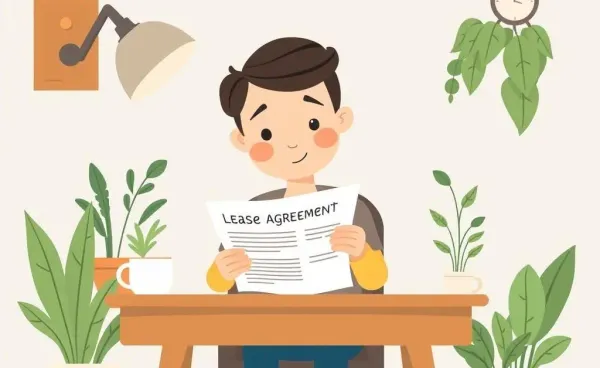 Illustration of a person sitting at a desk reading a lease agreement.