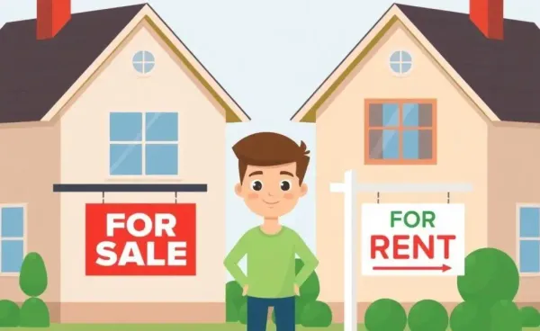 Illustration of a person caught between renting and buying options