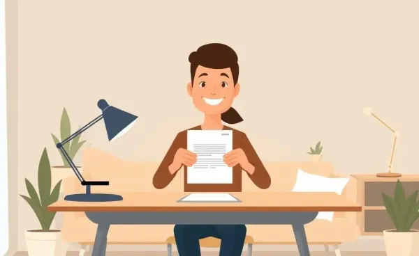 Illustration of a person handing over a resignation letter with a smile in an office setting