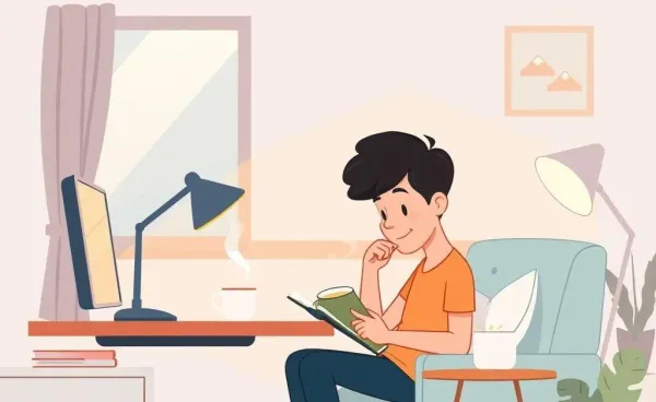 A serene home office scene with journaling and tea