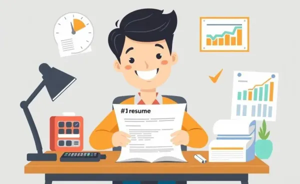Person crafting a resume at a desk surrounded by finance items.