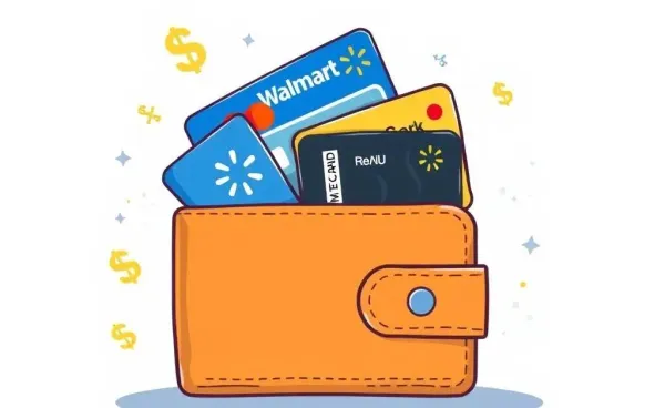 An illustration of a wallet with various retail credit cards, designed in a cartoon style.