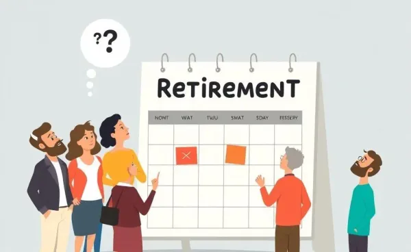 A diverse group pondering retirement options on a calendar.