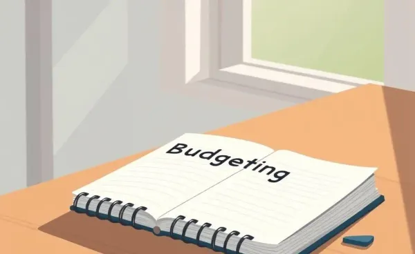 A notebook with budgeting plans on a wooden desk