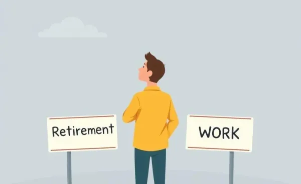 A person standing at a retirement crossroad with 'Retirement' and 'Work' signs