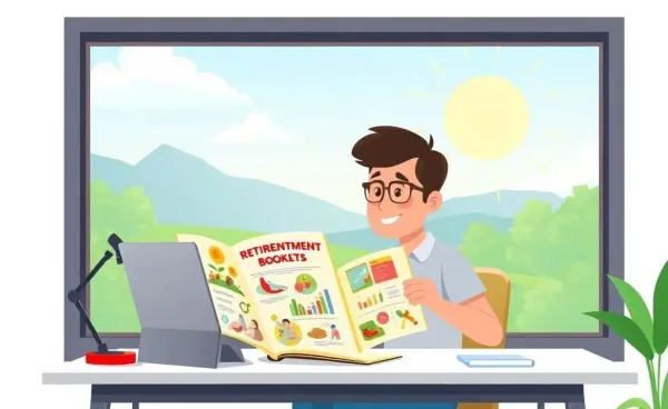 Person reviewing a retirement plan at a desk with a sunny landscape outside.