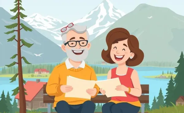 Mature couple planning their retirement finances in a scenic Canadian setting