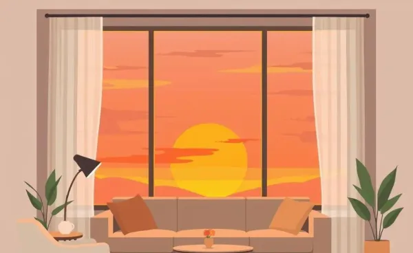 A cozy living room with a sunset view, symbolizing secure retirement planning.
