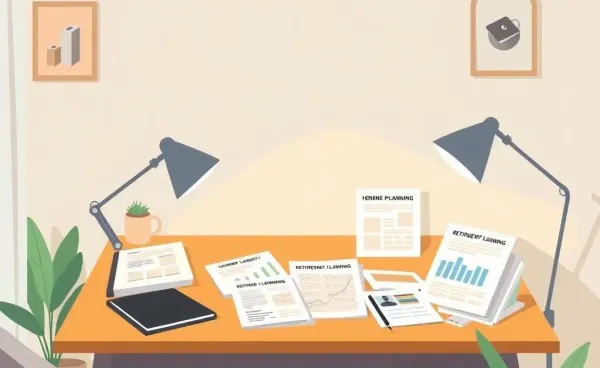 A cozy home office with retirement planning documents on a desk