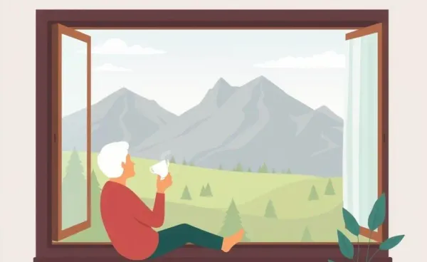 A serene illustration of a person enjoying a mountain view while sipping tea.