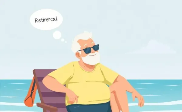 An illustration of a senior thinking about retirement by the beach.