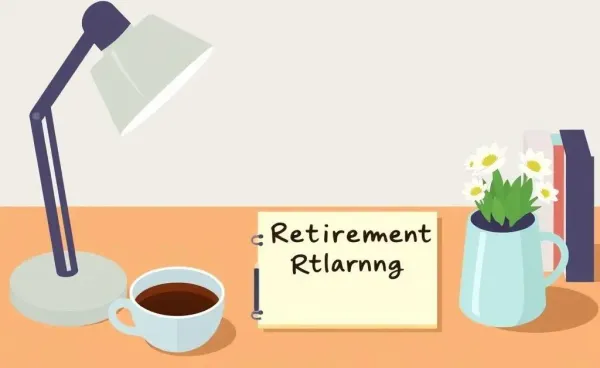 A desk with a notepad labeled 'Retirement Planning' and a cup of coffee.