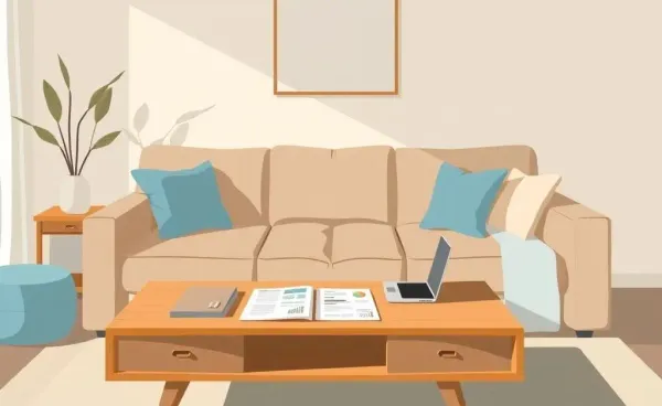 A cozy living room with financial documents related to reverse mortgage on the table