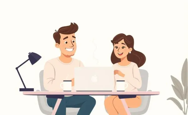 A couple reviewing their budget at a desk with a laptop and coffee mugs