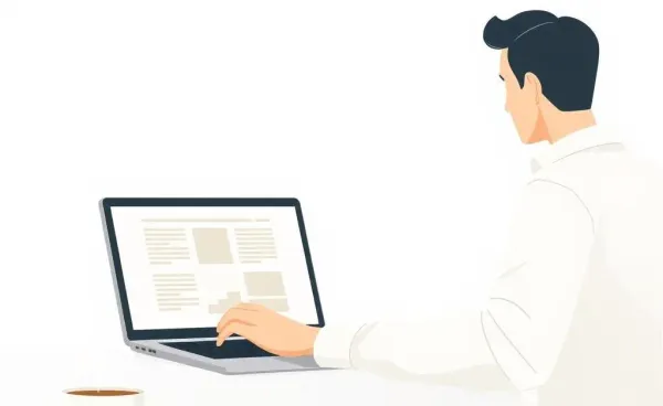 Person looking at commercial property listings on a laptop with a notepad and coffee