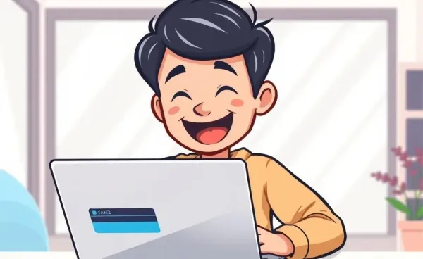 A person reviewing credit card rewards on a laptop, looking pleased and engaged