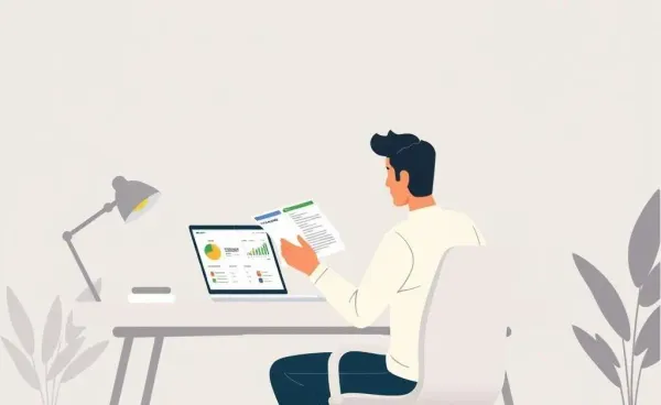 A person reviewing their credit card statement at a desk with a laptop.