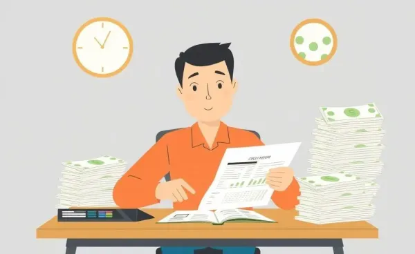 A person reviewing their credit report with stacks of bills around them