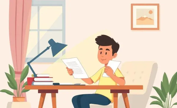 A person casually reviewing insurance documents at a home desk