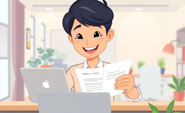 A professional reviewing a job offer letter at a desk.