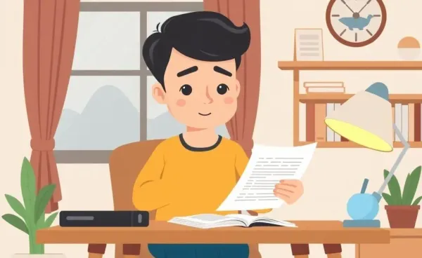 A cartoon of a person reviewing loan documents at home
