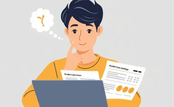A young adult looking at a laptop with student loan and savings documents