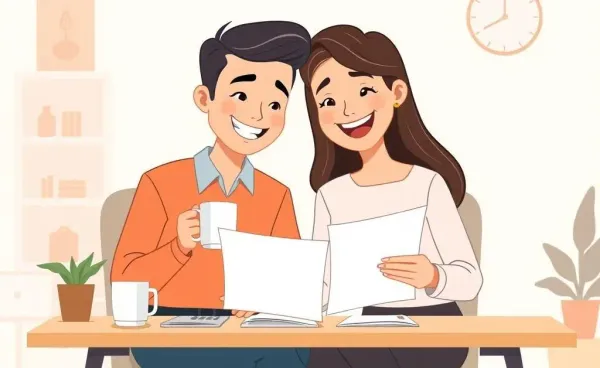 A couple enthusiastically reviewing mortgage documents.