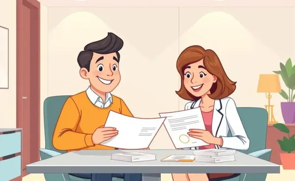 A cartoon-style image of a person reviewing pension documents with an advisor