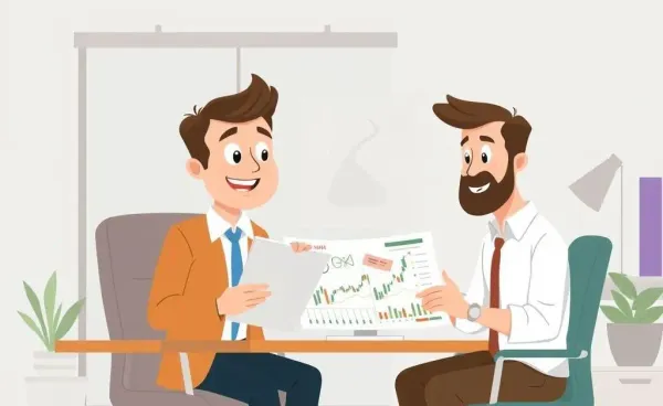 Friendly financial advisor reviewing a stock market portfolio