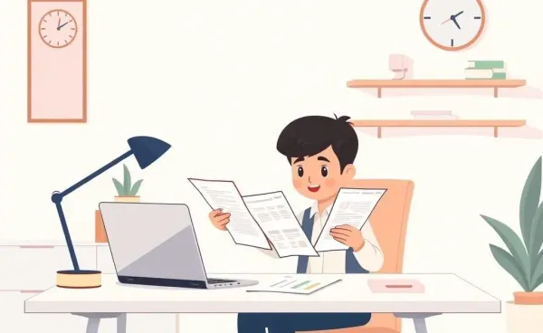Cartoon of someone reviewing tax documents with a laptop