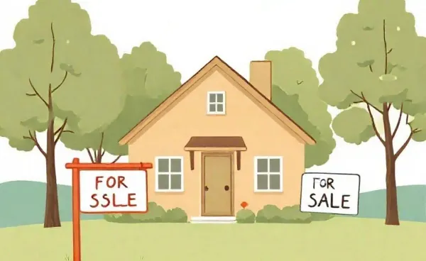 A whimsical house drawing with a 'For Sale' sign
