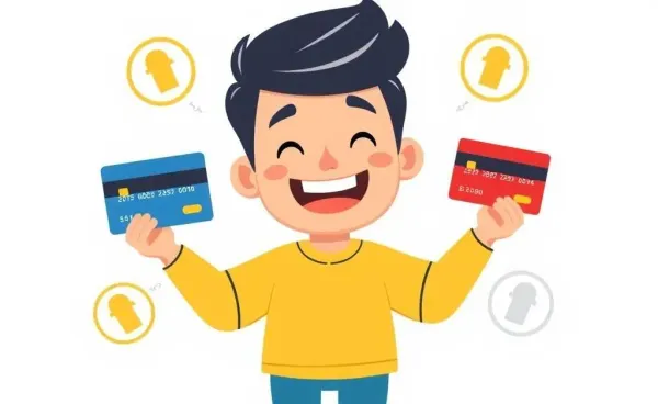 Illustration of a person balancing credit cards and rewards