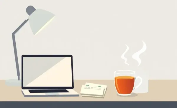 A warm, inviting workspace with a laptop and a cup of tea, symbolizing planning and organization for credit card rewards.