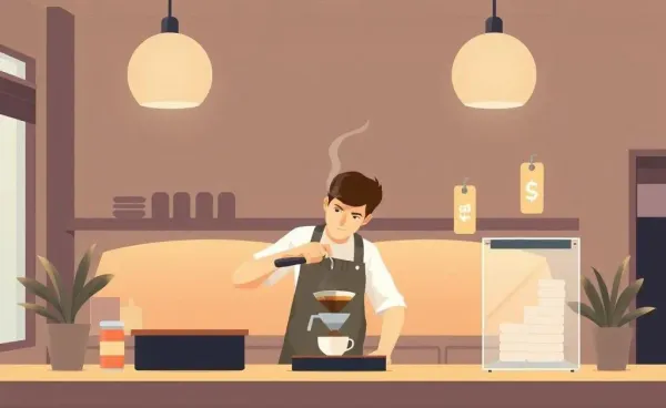 Barista preparing coffee with rising price tags around.