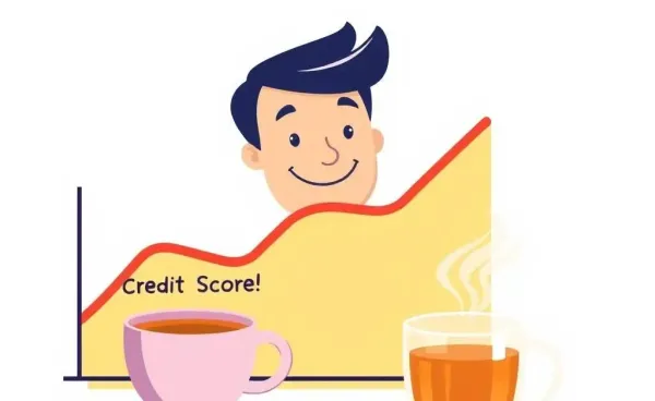 A cheerful person viewing a rising credit score graph while sipping tea.