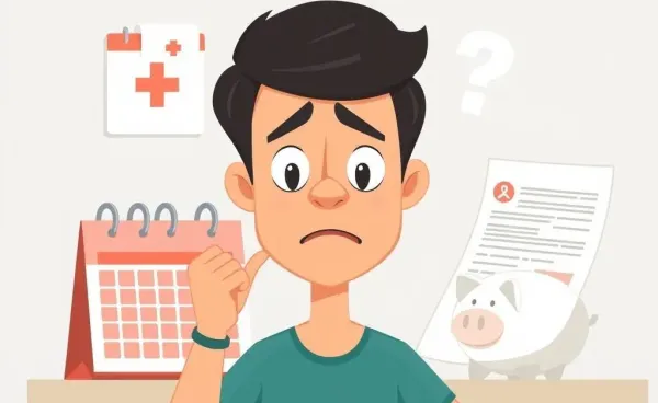 A cartoon illustration of a person puzzled over rising healthcare costs represented by bills, a calendar, and a piggy bank