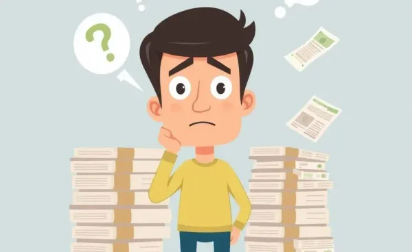 A confused individual surrounded by rising stacks of medical bills
