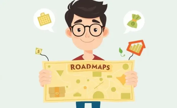 A cartoon-style roadmap to financial freedom, featuring budgeting and investing symbols.